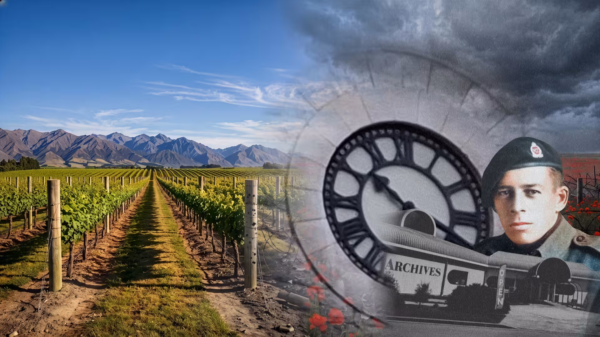 Panoramic artwork showing Marlborough vineyards and hills in colour fading to black-and-white WWII battlefields, overlaid with a soldier's portrait and historical architecture.