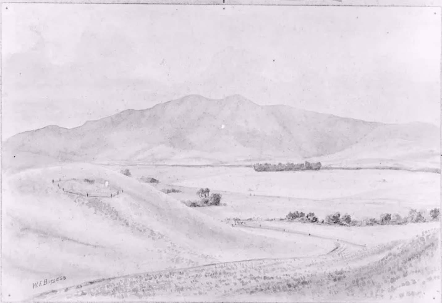 Ink and wash watercolour sketch of Starborough Estate in the Awatere Valley, showing distant hills, homestead trees across the plain, and a fenced cemetery on the hill in the foreground.