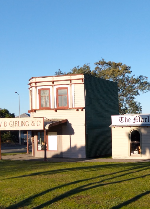 Relocated pioneer structures and Beavertown replica streetscape at Brayshaw Park, Blenheim